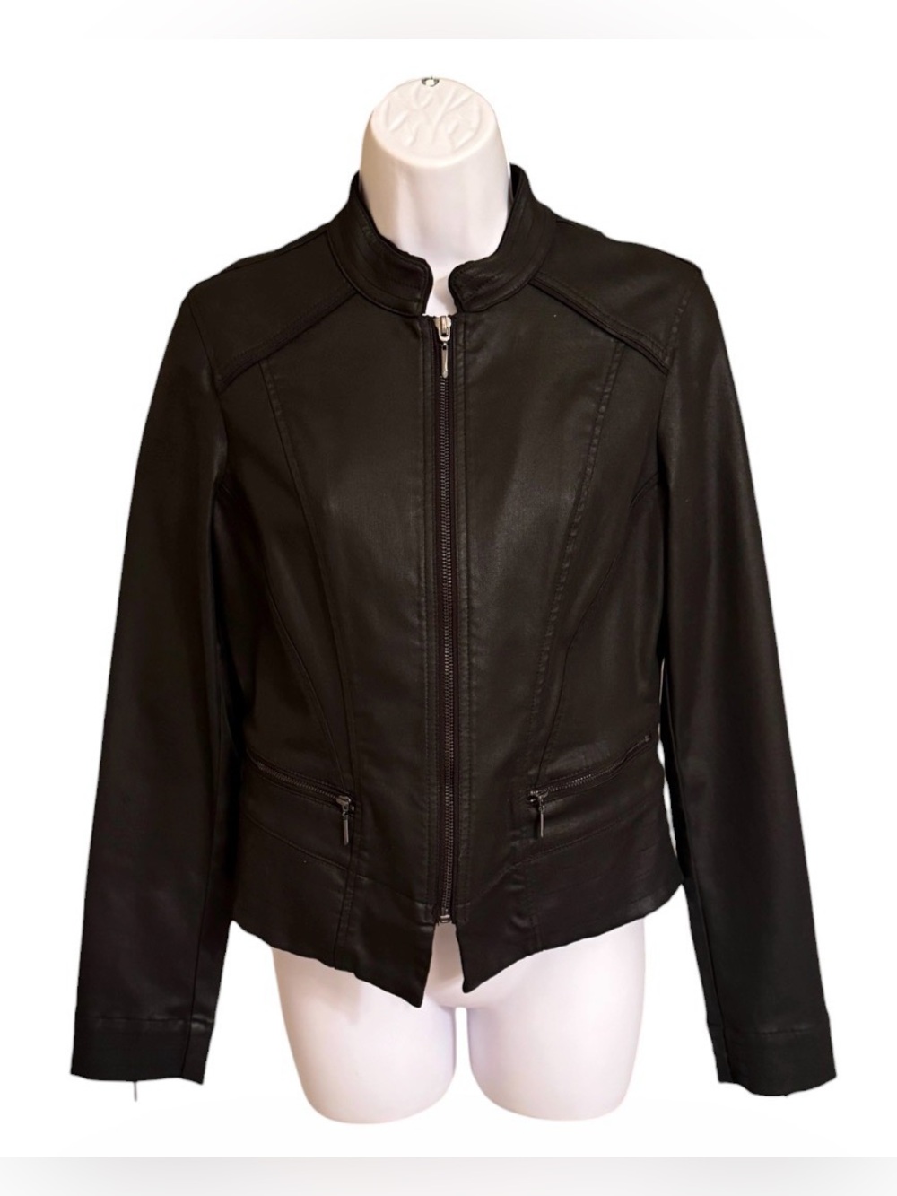 WHBM Black Coated Moto Jacket Size 4 Leather Look Zip